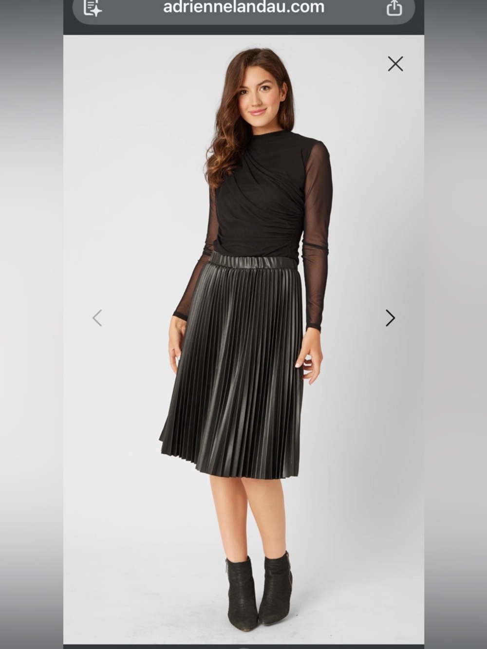 NWT Adrienne Landau Black Pleated Faux-Leather Midi Skirt small